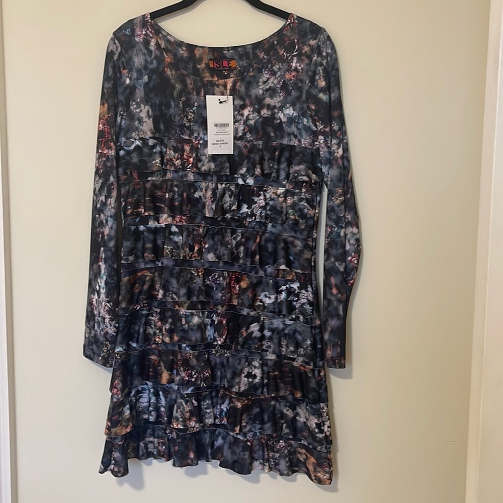 Floral Isle Cha Cha dress, long sleeve ruffled layers flirty and flattering